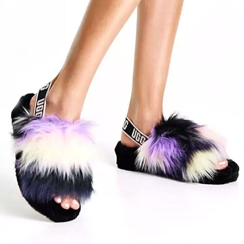 UGG Women’s Fluff Yeah Slide Sheepskin Slipper Magnolia Tie-Dye, SZ 9 US, Purple